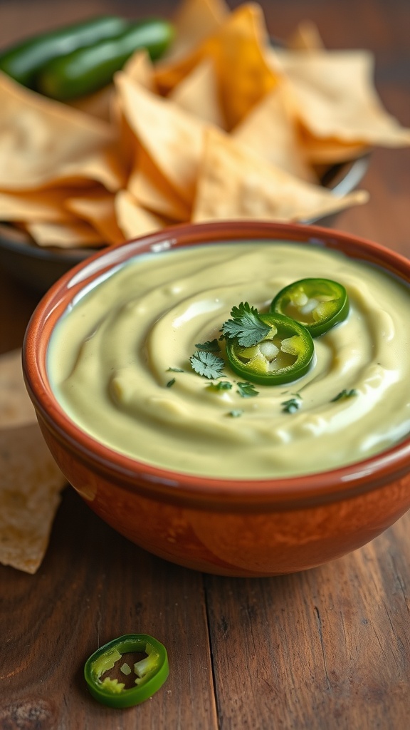A bowl of spicy jalapeño avocado sauce garnished with cilantro and jalapeño slices, surrounded by tortilla chips.